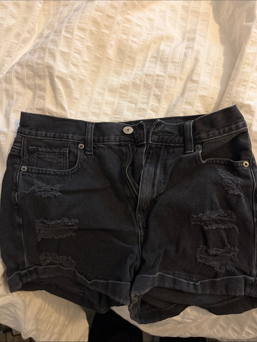 American Eagle Outfitters Black Distressed Roll-Hem Jean Shorts